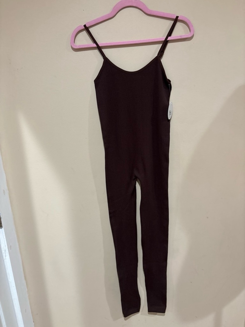 Slim Ribbed Spaghetti-Strap Jumpsuit in Brown